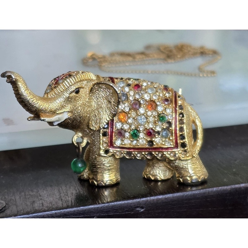 Sphinx Elephant Trunk Up Gold Tone Multi Colored Stones Vintage Brooch Repair
